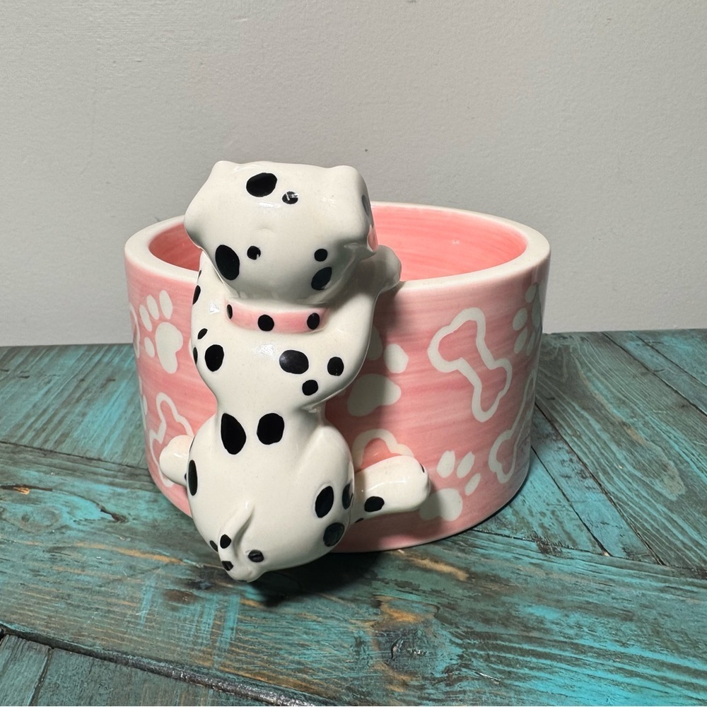 Ceramic Pink Pet Feeding Water Bowl Dalmatian - Picture 7 of 11